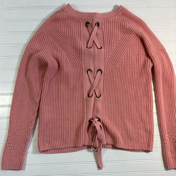Lucky Brand Back Lace Pullover Sweater Chunky Knit Pale Pink Womens Size Small - Picture 14 of 16